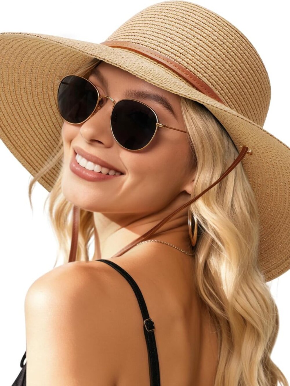 Womens Beach Sun Straw Hat, Wide Brim Sun Hat Travel Foldable Summer Wind Lanyar